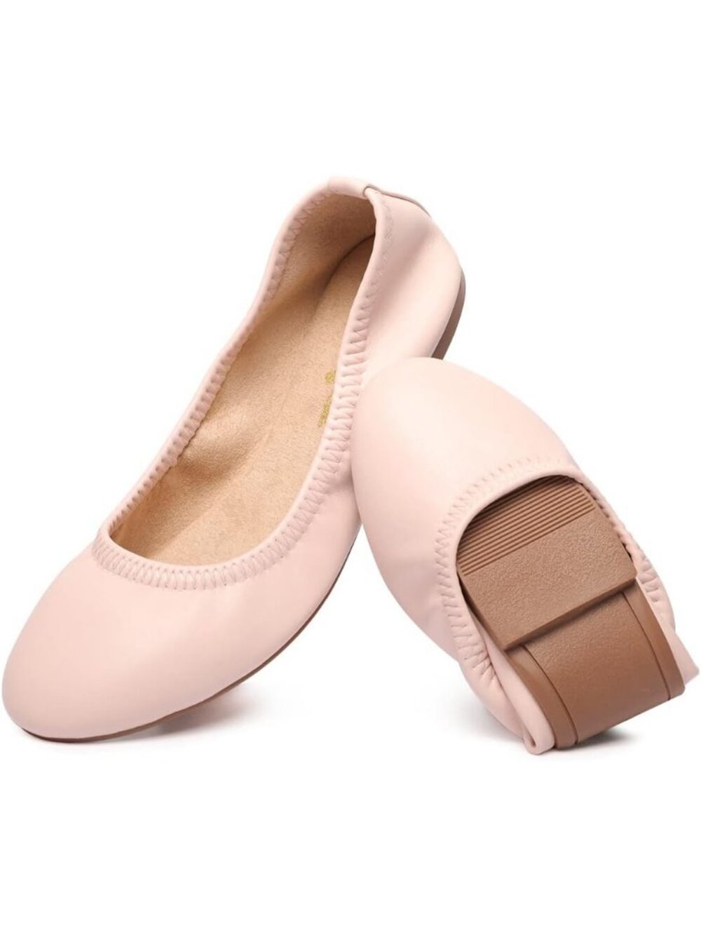 Women's Pink Faux Leather Foldable Ballet Flats Round Toe Slip On Travel Shoes